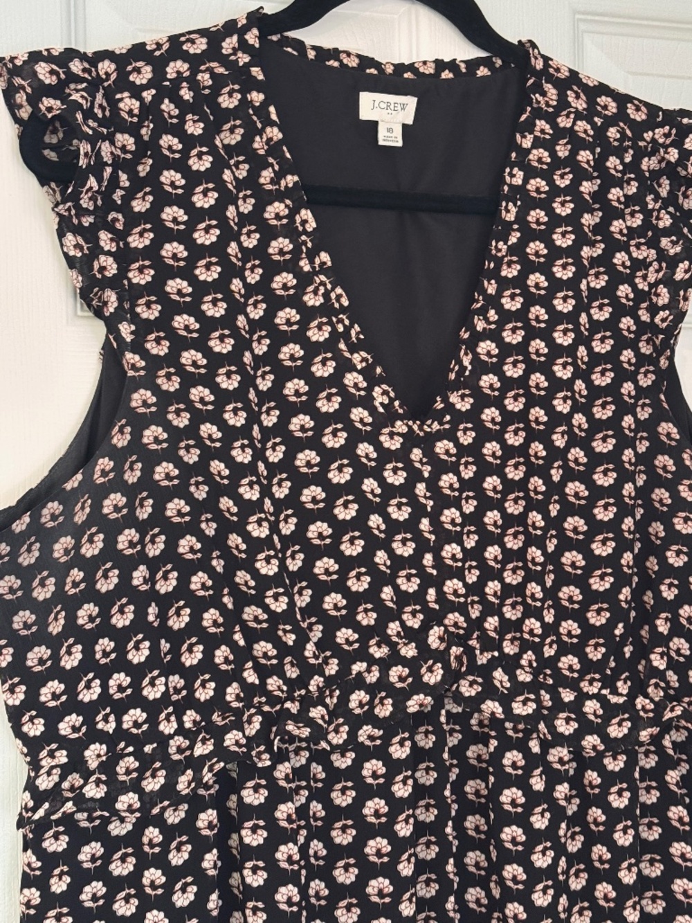 J. Crew Black Floral Print Flutter Sleeve Fully Lined Dress, Size 18
